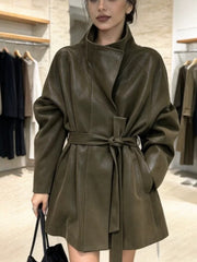 Belted High Collar Leather Look Coat-boutique