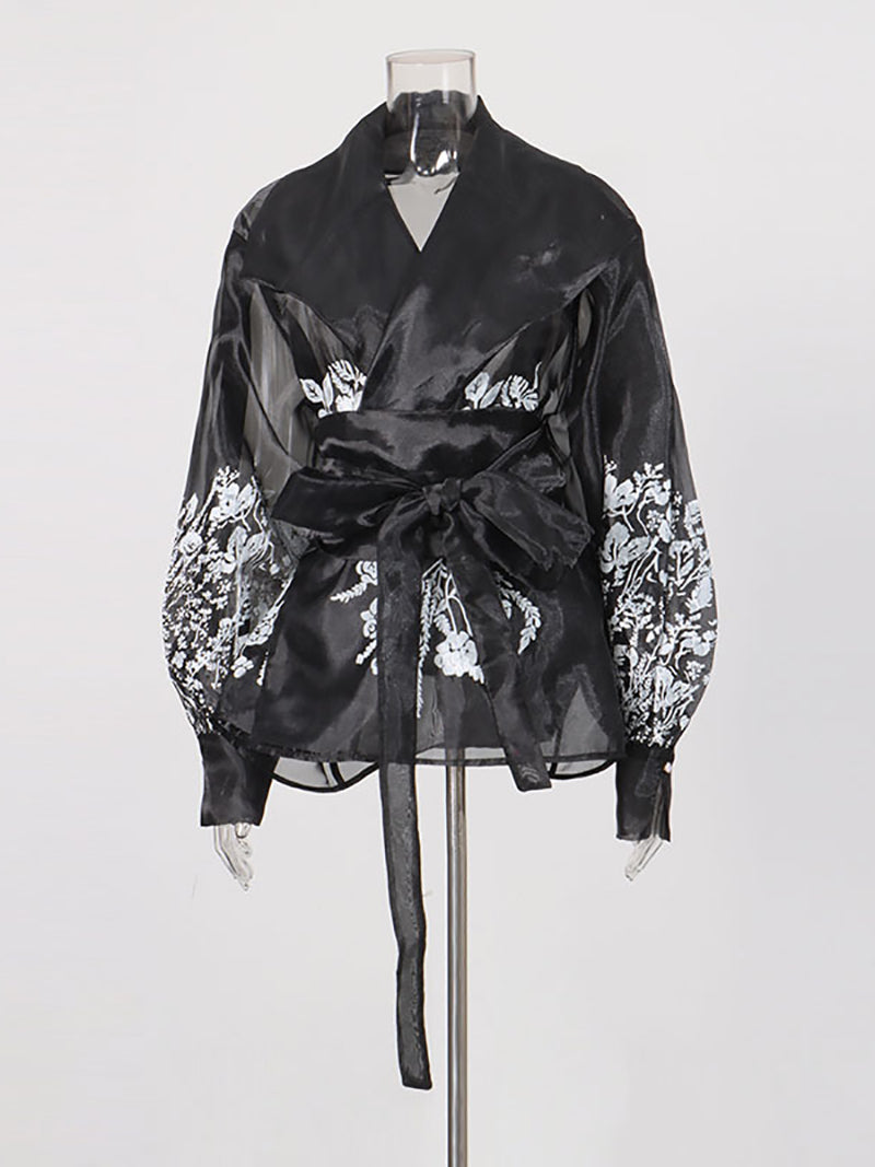 Elegant Mesh Sheer Print Lace-up Blouse