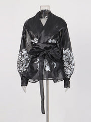 Elegant Mesh Sheer Print Lace-up Blouse