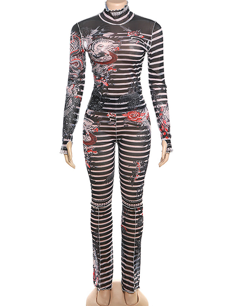 Mesh Print Crop Tops Tight Pants Clubwear Sets