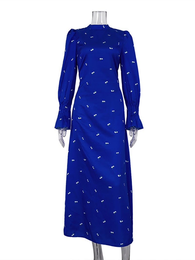 Printed Bell Sleeves Waist Draped Satin Maxi Dress