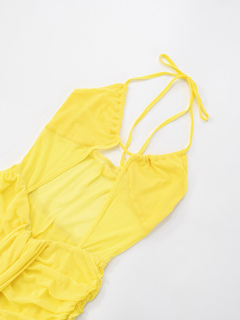 Ruched Sheer Lace-Up Backless  Jumpsuits