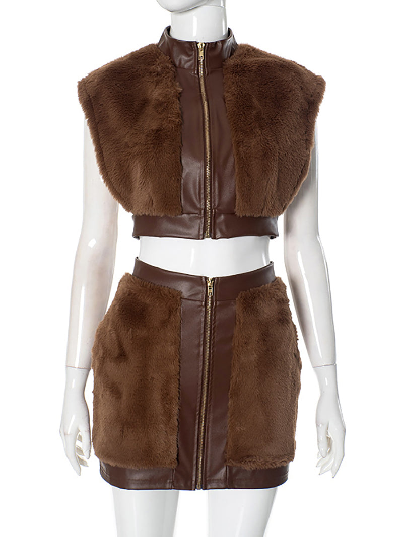 Fashion Faux Fur Patchwork Cropped Top Skirts Sets