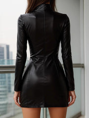 Fashion PU Leather Front Zipper Bodycon Dress
