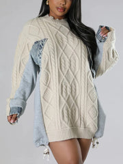 Fashion Round Collar Patchwork Denim Knit Sweater