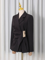 Notched Lapel Metallic Decor Ruched Asymmetrical Blazer