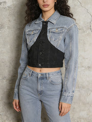 Fashion Cinched Waist Patchwork Denim Crop Jacket
