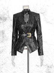 Fashion Deep V Belted Cinched Waist Faux Leather Jacket
