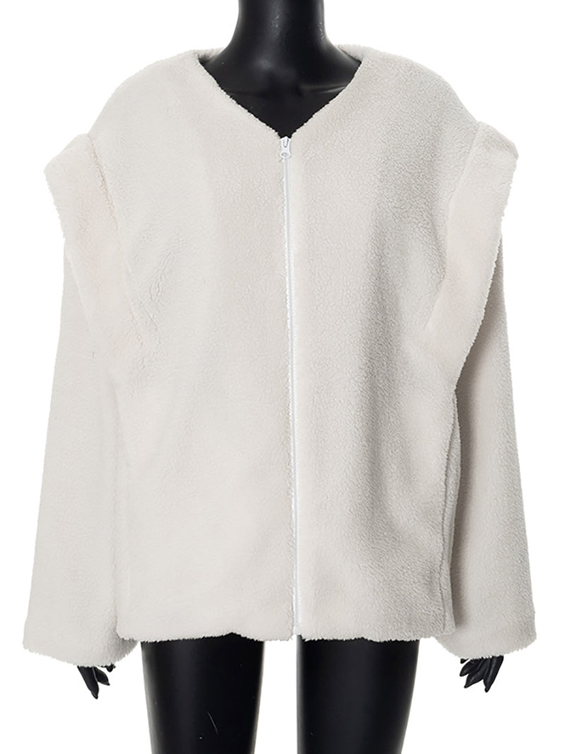 Fluff Lambwool V Neck Loose Zipper Coats