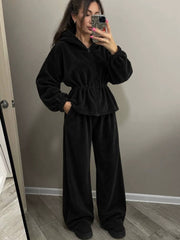 Ruched Waist Velvet Zip Hoodie and Pants Set