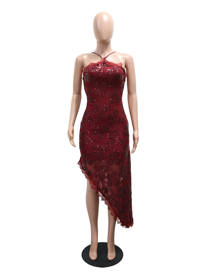 Sexy Asymmetrical Sequin Lace Midi Dress