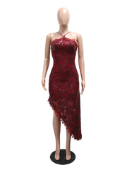 Sexy Asymmetrical Sequin Lace Midi Dress