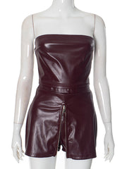 Sexy PU Patchwork Tube Zipper Split Hem Skort Sets