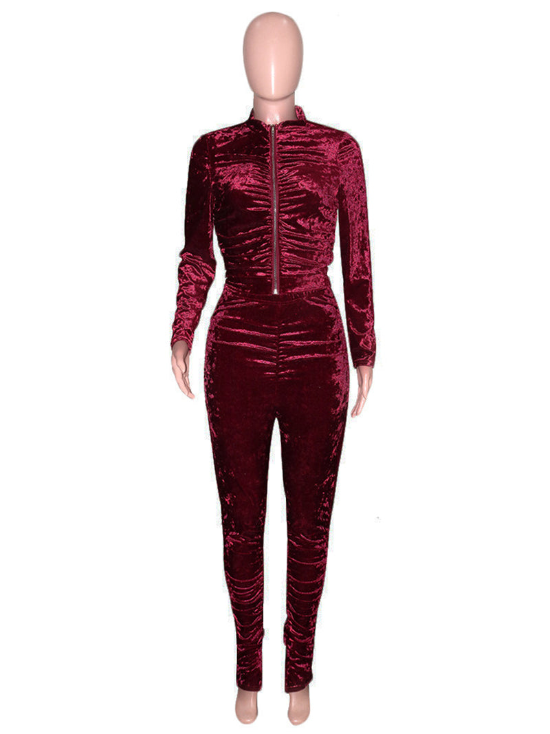 Casual Velvet Zipper Wrinkle Trousers Two-piece Set