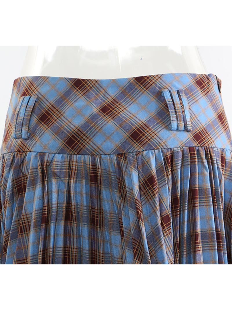 Retro Checked Pleated Asymmetry Skirt
