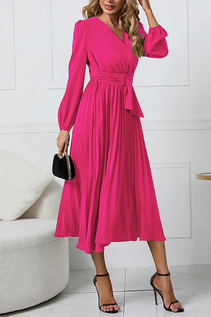 Casual Long Sleeve V-neck Slim Pleated Dress