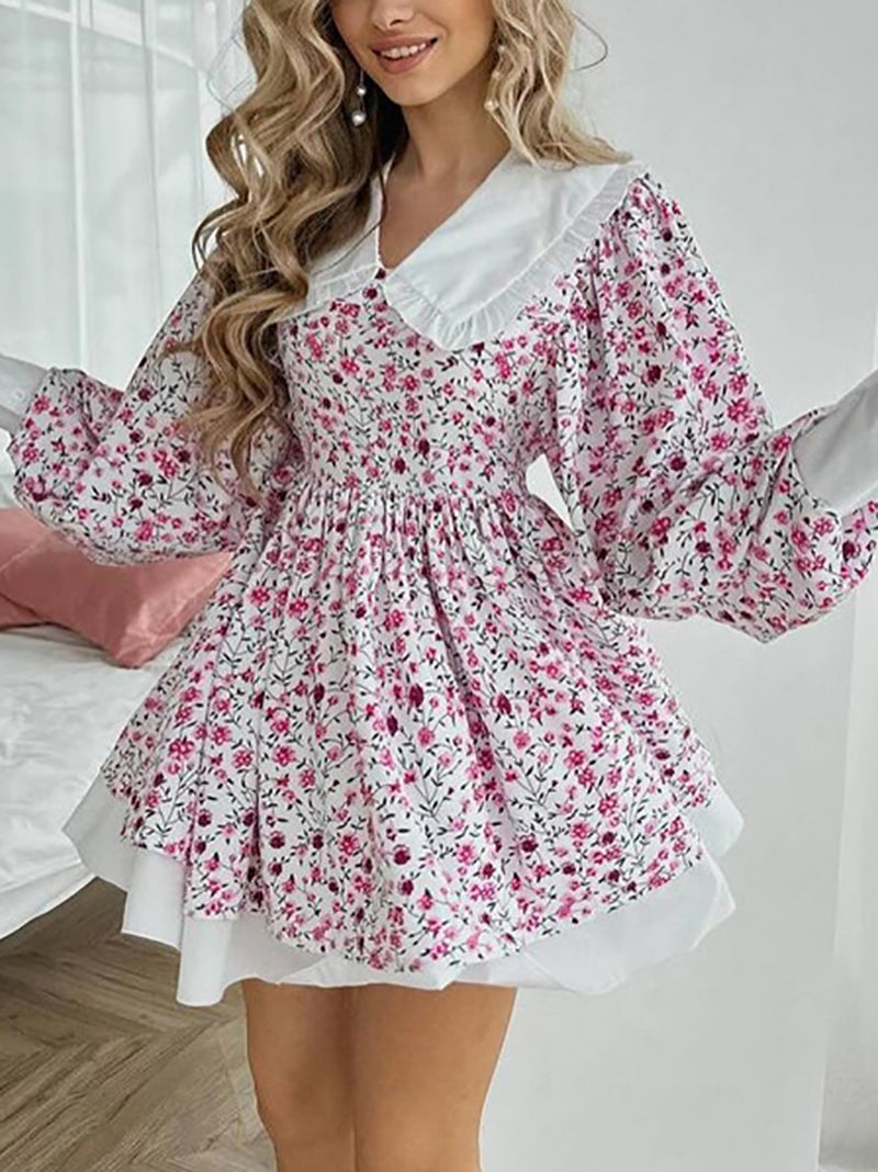 Doll Collar Flower Print Cinched Waist Mini Dress