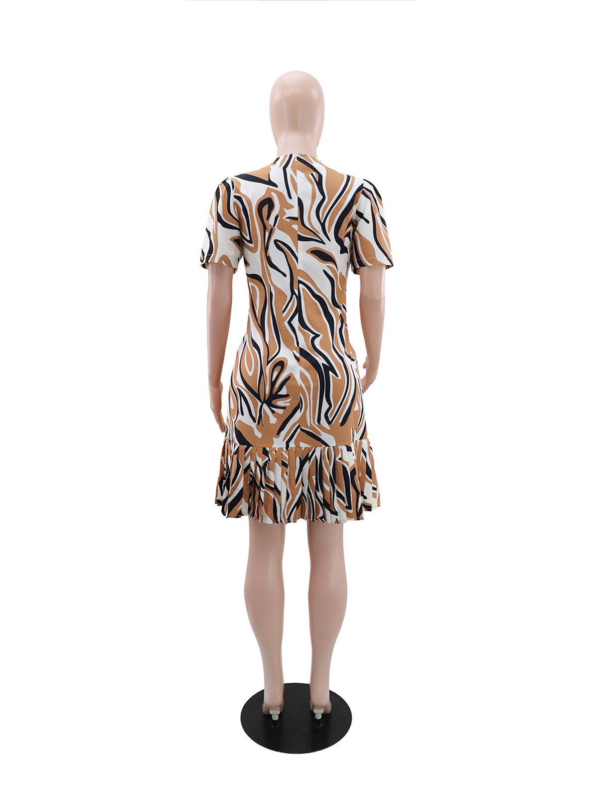 Casual Round Neck Print Slim Pleated Midi Dress