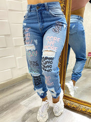 Fashion Letter Print Ripped Jeans