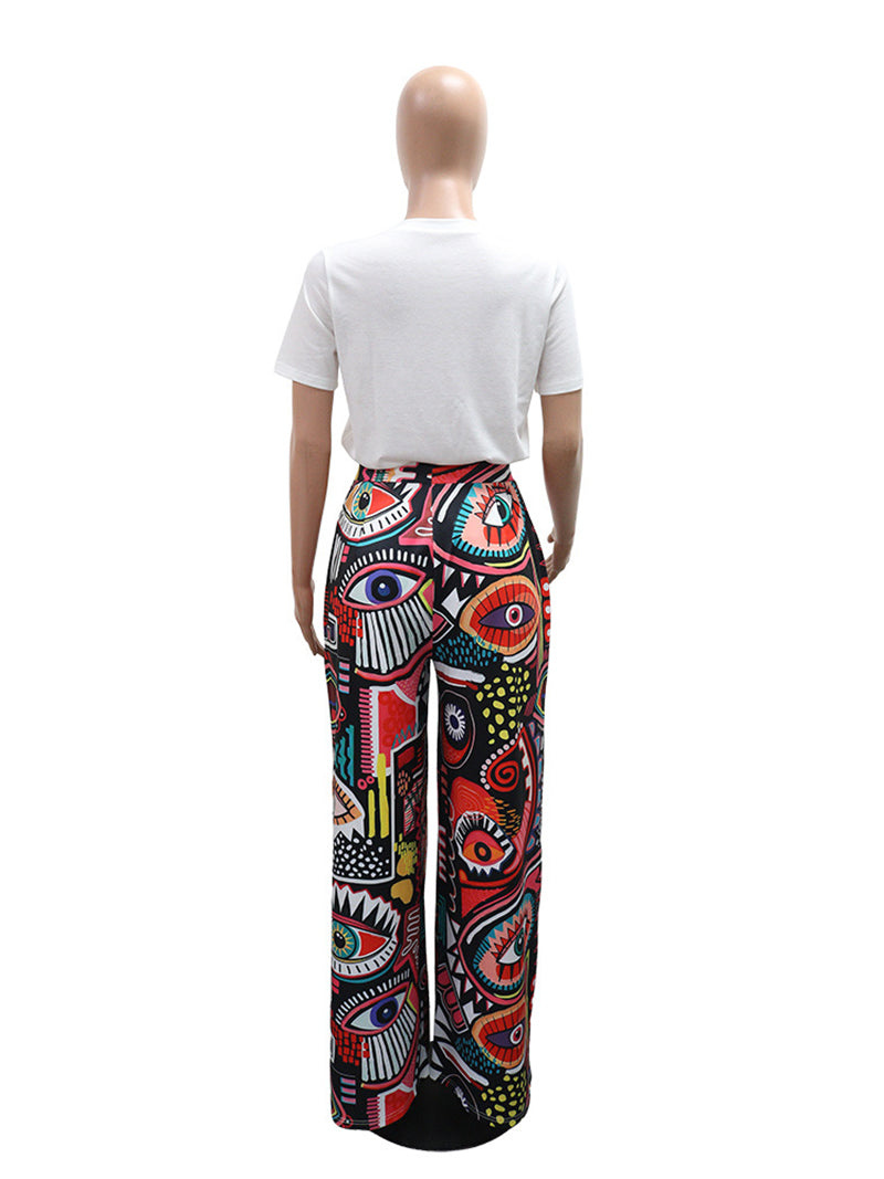 Casual Print T-shirt Wide Leg Pants Two Piece Set
