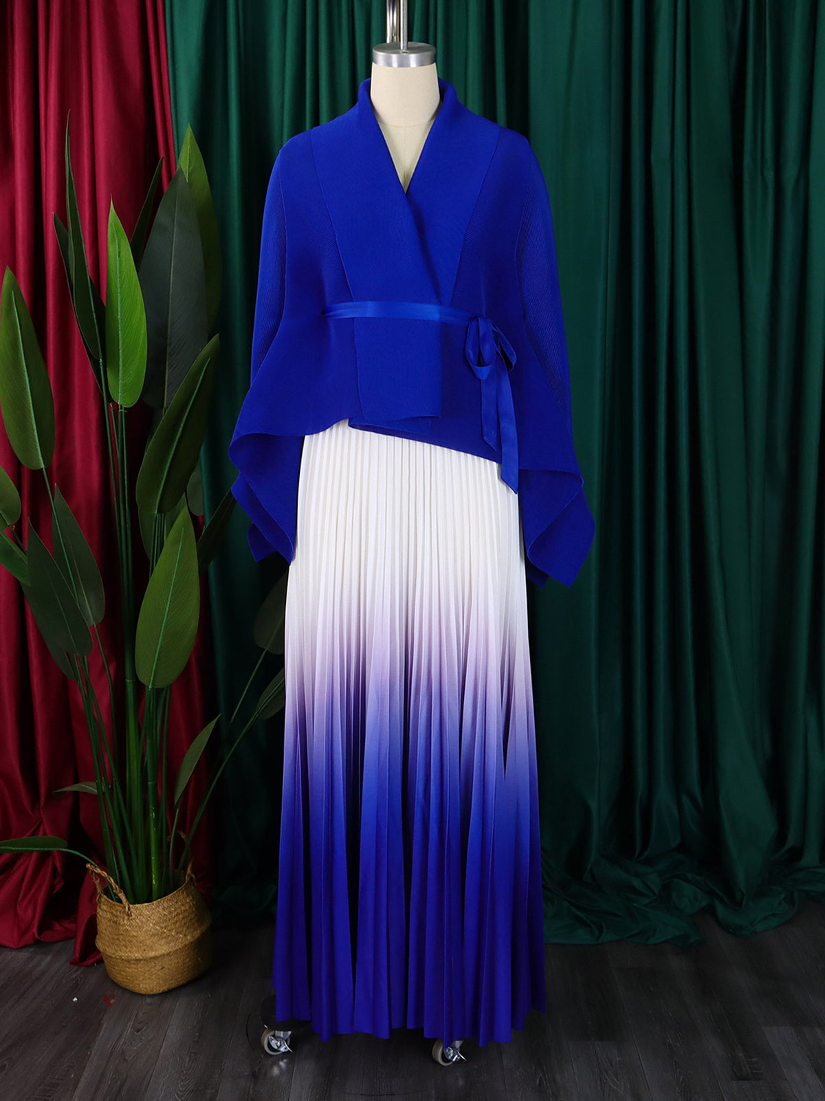 Elegant Lace-up Top and High Waist Pleated Skirt Set