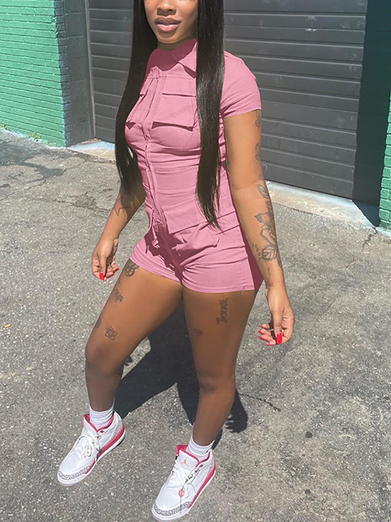 Casual Zipper Multi Pocket  Cargo Romper