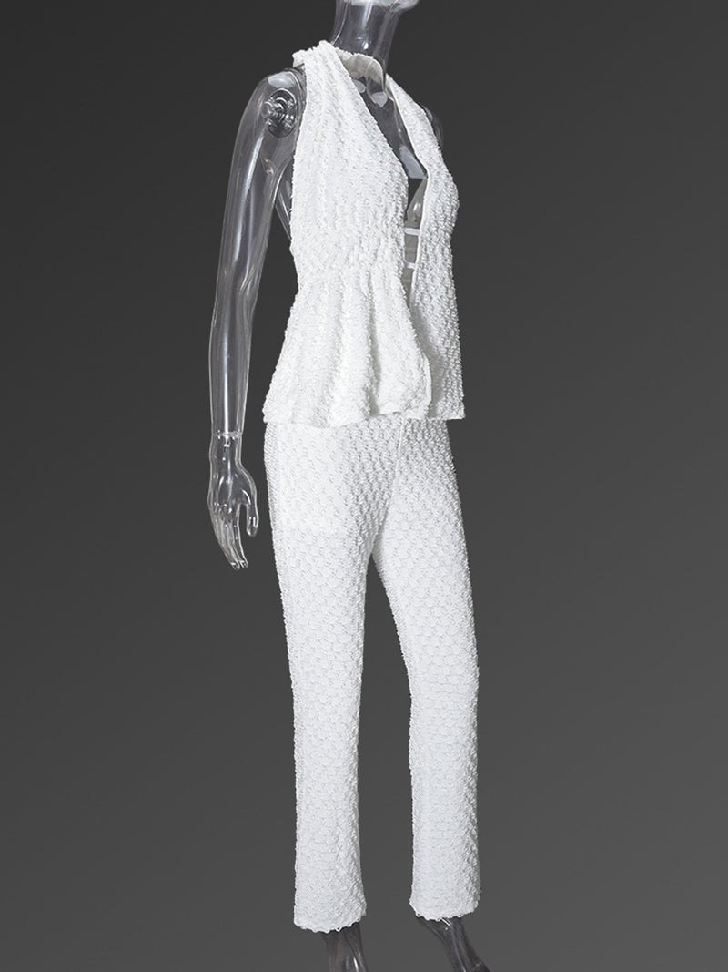 Sexy Textured Halter Backless Top And Flare Pants Set