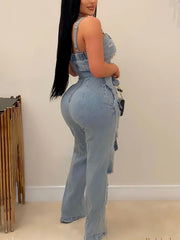 Fashion Bandage Ripped Denim Jumpsuit