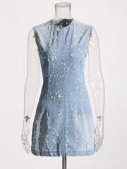 Casual Round Neck Sleeveless Frayed Mini Denim Dress