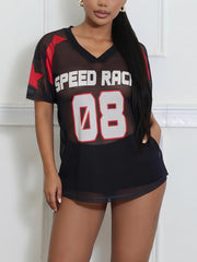 Casual Print V Neck Short Sleeve Jersey T-shirt