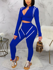 Casual Zipper Crop Top Tight Pants Sports Two Pieces