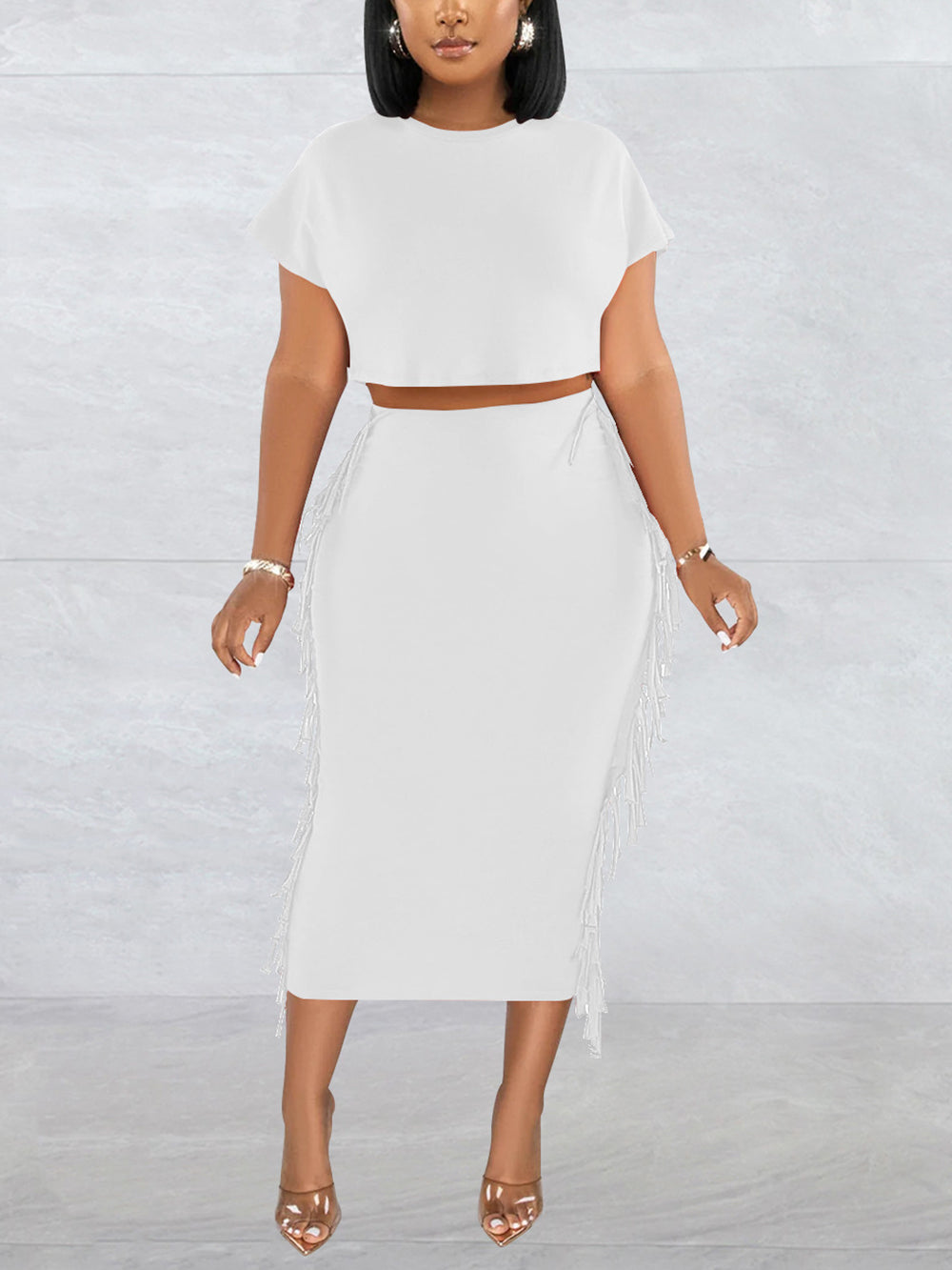 Round Neck Crop Top Tassels Skirts Casual Set