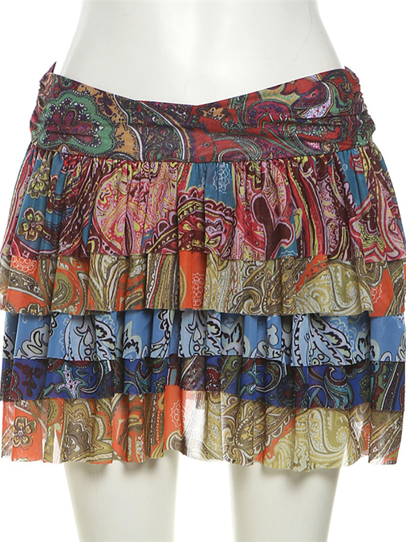 Fashion Print Mini Ruffled Patchwork Skirt