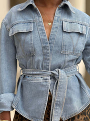 Fashion Lapel Belt Denim Jacket