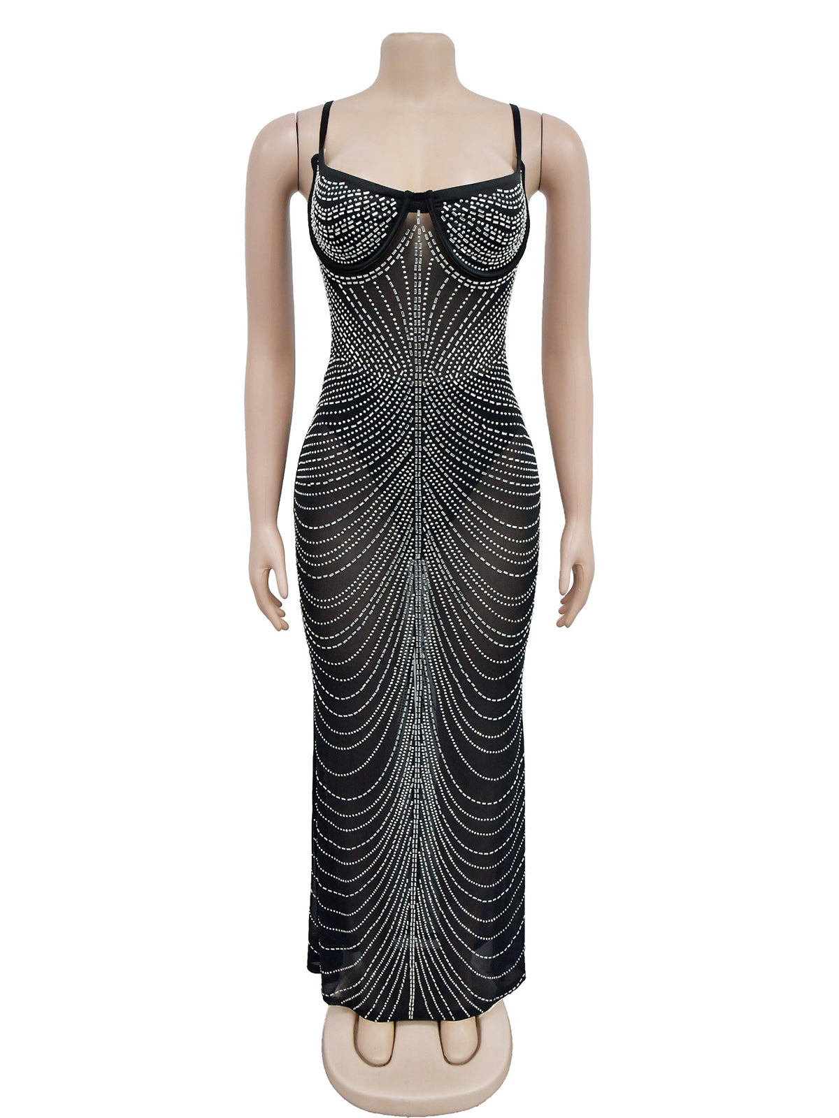 Sexy Rhinestone Sheer Mesh Spaghetti Strap Maxi Dress