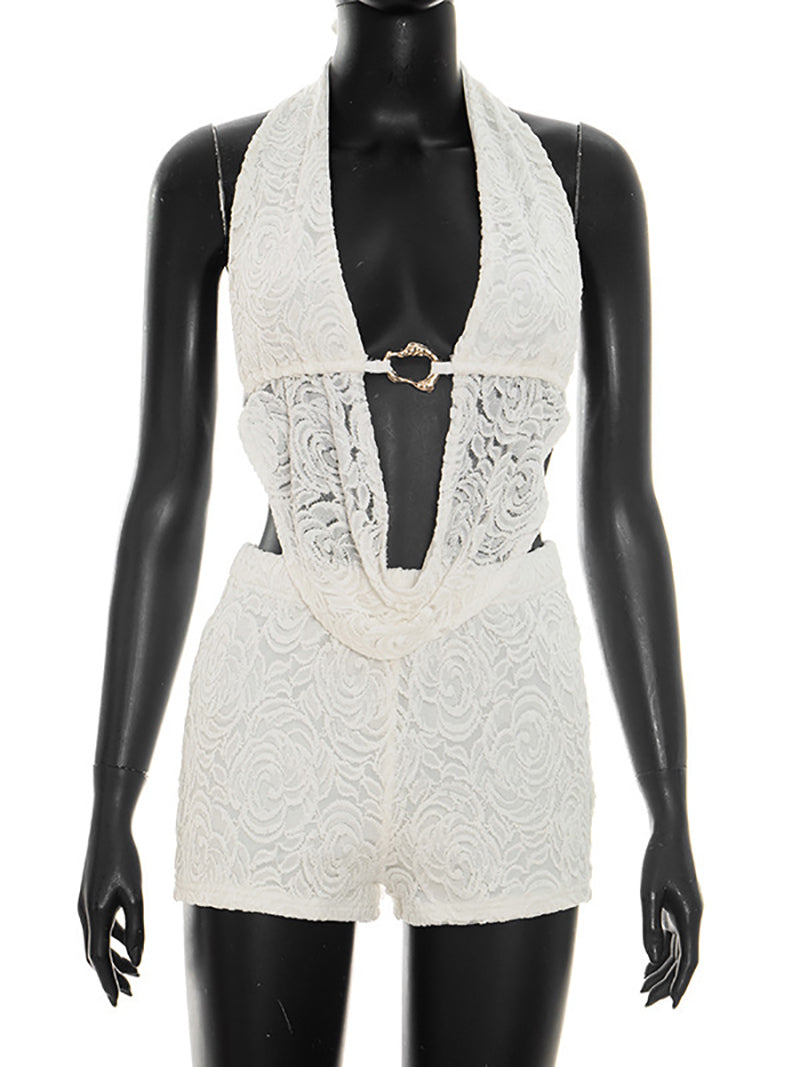 Sexy Lace Halter Neck Backless Shorts Two-Piece Set