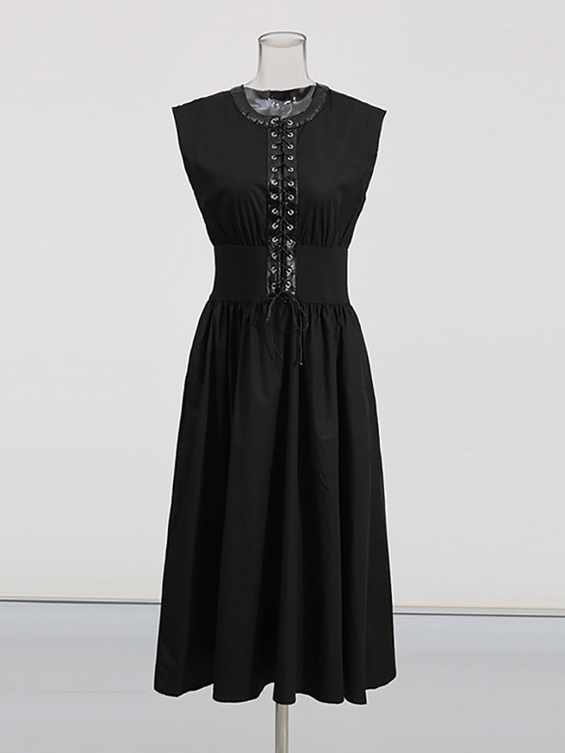 Round Neck Sleeveless Lace Up Cinched Waist Midi Dress