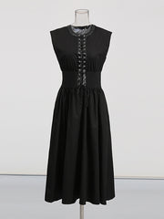 Round Neck Sleeveless Lace Up Cinched Waist Midi Dress