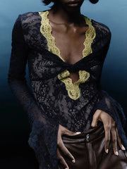 Sexy V Neck Lace Trim Slim Shirt Top