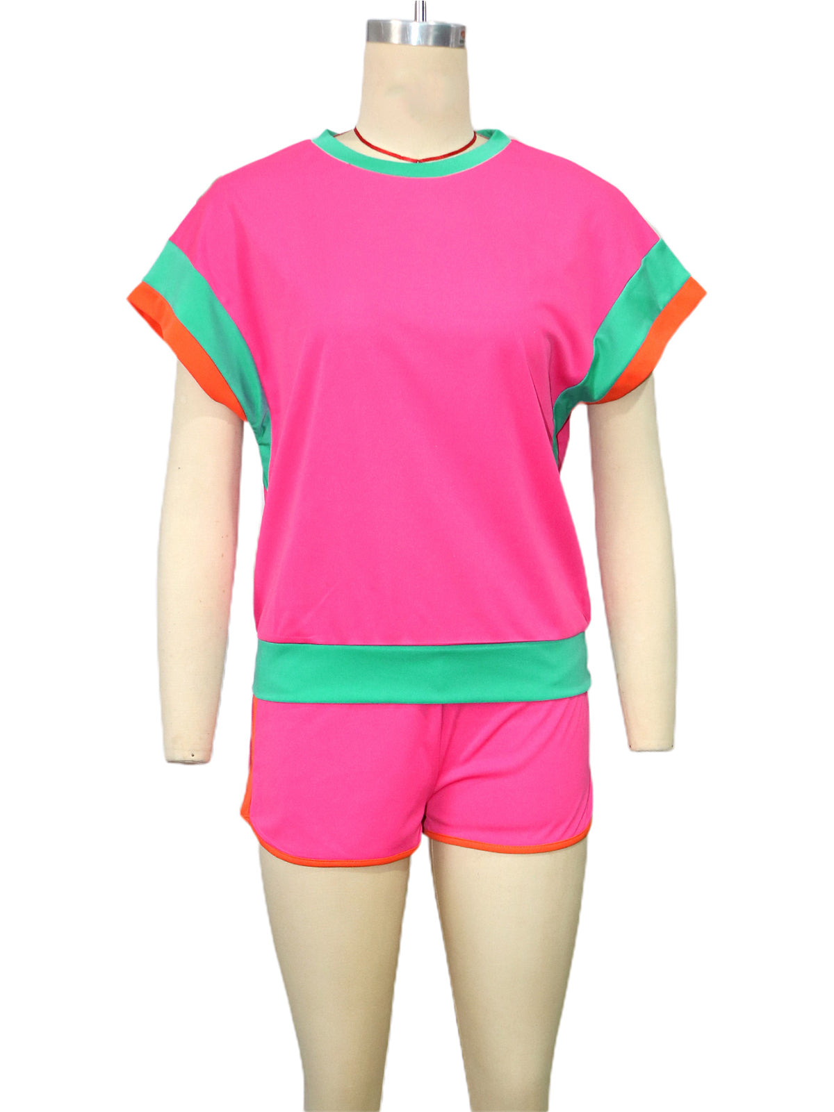 Patchwork Contrast O Neck Short Sleeves Two Pieces