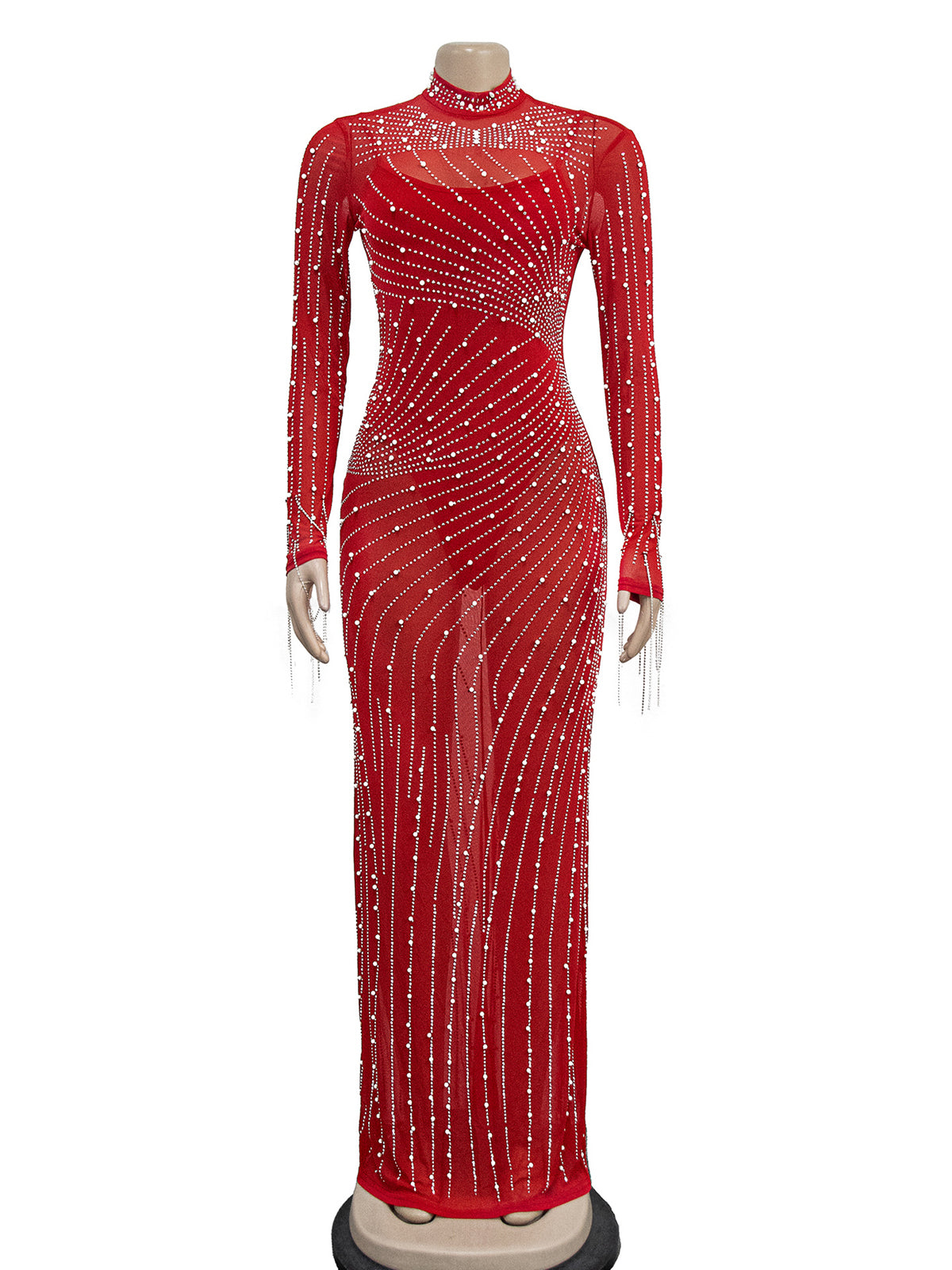 Sexy Rhinestone Mesh Maxi Dress And Bodysuit Suit