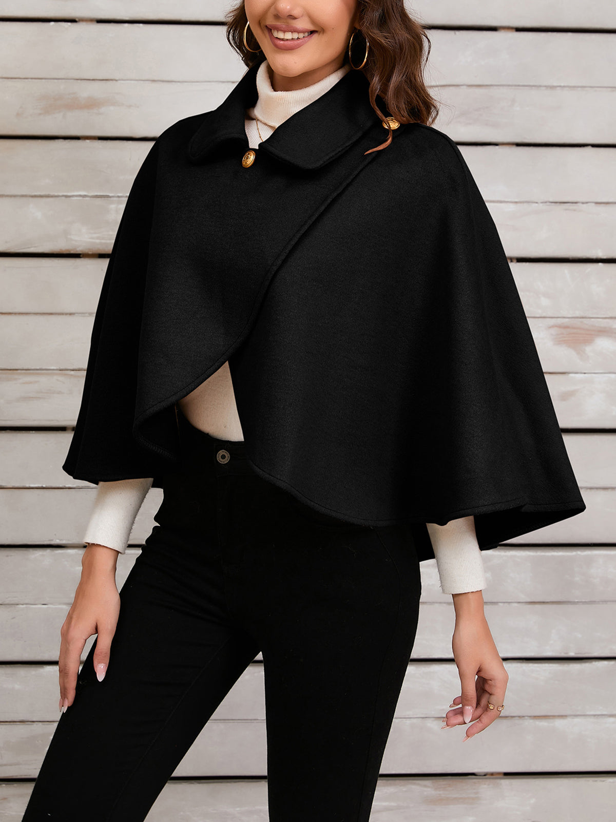 Wool Blends Ponchos Shoulder Clasp Short Cape Coat