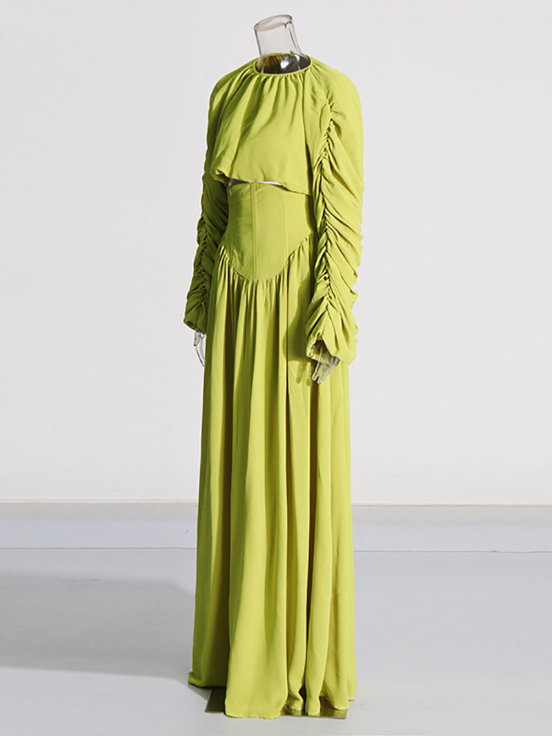 Fashion Round Neck Bubble Sleeve Maxi Skirt Set