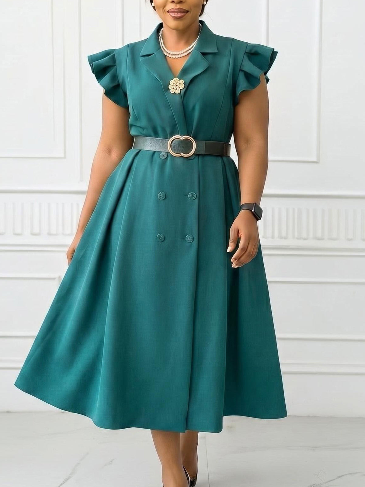 Elegant Ruffle Sleeve Double-breasted Slim Dress