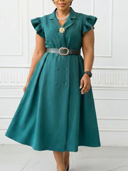 Elegant Ruffle Sleeve Double-breasted Slim Dress