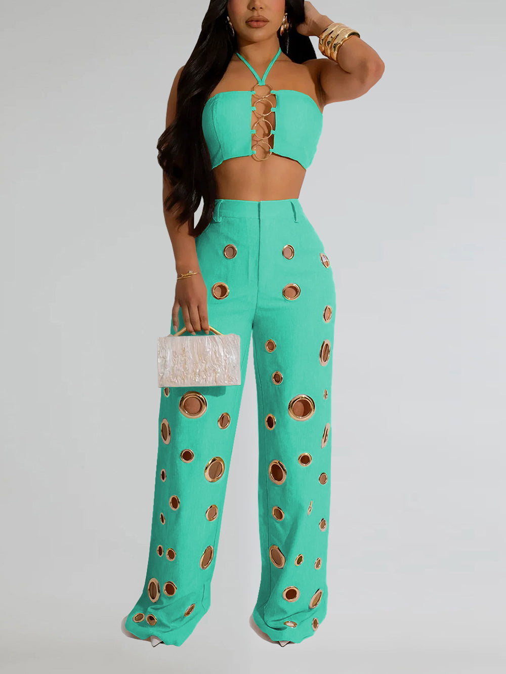 Sexy Backless Crop Top and Wide Leg Pants 2-Piece Sets