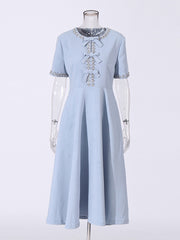 Round Neck Rhinestone Bow Appliques Slim Dress