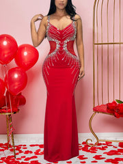 Sexy Rhinestones V Neck Sleeveless Maxi Dress