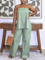 Casual Suspender Slit Top And Straight Pants Set