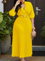 Elegant V-neck High Waist Pleated Dress